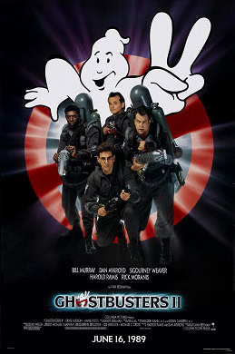 The four Ghostbusters team members&mdash;Winston, Peter, Ray, and Egon&mdash;posing with their proton packs beneath a giant cartoon ghost flashing a peace sign for Ghostbusters II