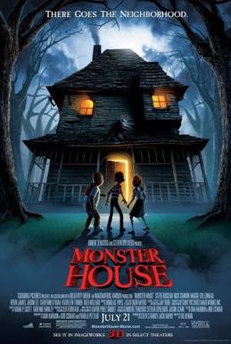 Three kids standing on a walkway looking toward a menacing, living haunted house with glowing windows for the animated film Monster House