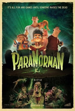 Norman holding a book alongside his friends while terrifying zombies break out from the ground below for the stop-motion animated film ParaNorman