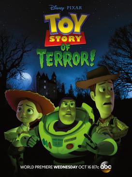 Movie poster for Disney Pixar's Toy Story of Terror! featuring Jessie, Buzz Lightyear, and Woody looking scared in front of a spooky castle at night, perfect for a kids' Halloween movie list