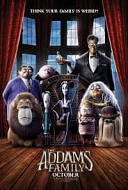Animated Addams Family group photo inside a dark gothic mansion, featuring Morticia, Gomez, Wednesday, and Pugsley for a kids Halloween movie
