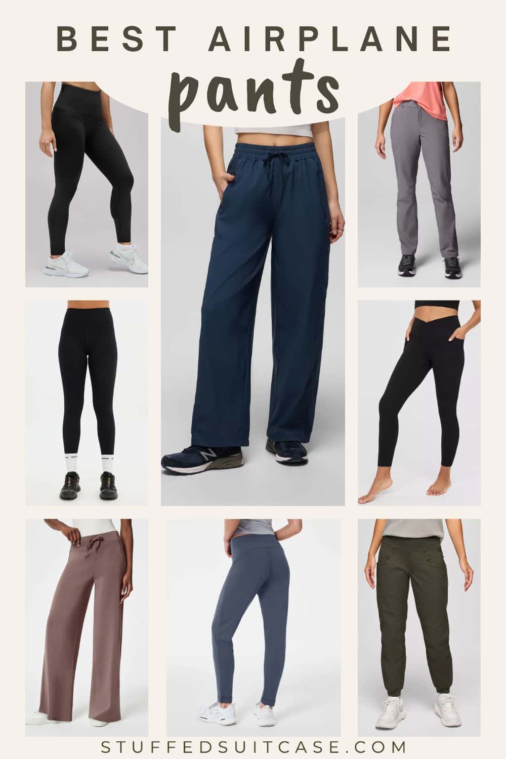 collage of the best pants to wear on a long flight