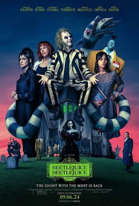 The returning and new cast members of the Beetlejuice sequel surrounded by a giant sandworm