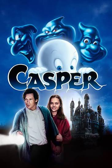 Movie artwork for Casper, showing Christina Ricci and Bill Pullman standing in front of Whipstaff Manor with Casper and the Ghostly Trio hovering above
