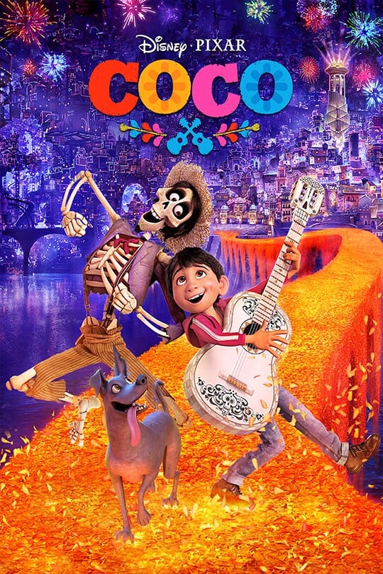 Official movie poster for Disney Pixar's Coco, featuring Miguel holding a white guitar alongside Hector the skeleton and Dante the dog on a marigold bridge