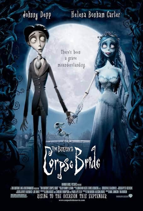 Victor Van Dort holding hands with Emily the blue-skinned skeletal bride under a massive full moon for Tim Burton's stop-motion feature Corpse Bride
