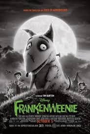 Black and white movie artwork for Tim Burton's Frankenweenie, featuring the stitched bull terrier dog Sparky standing on a hill in front of a massive full moon