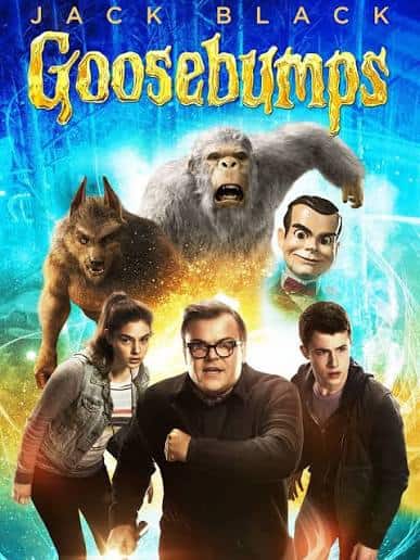 Goosebumps film graphic featuring Jack Black and iconic monsters on a glowing blue background