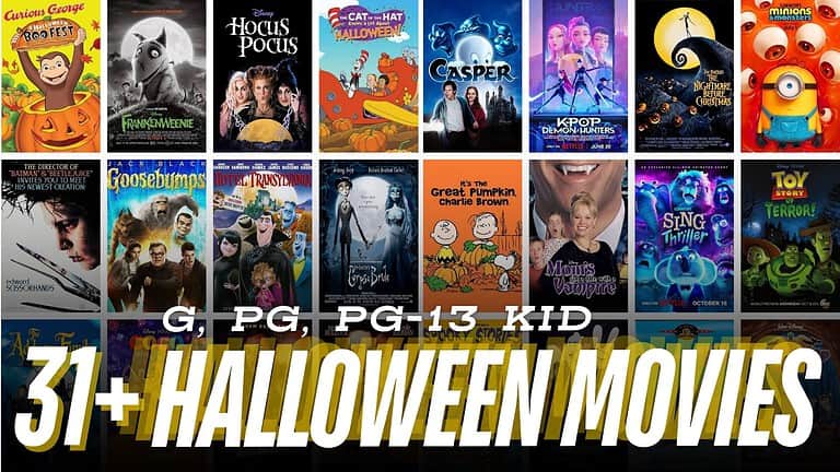 Collage of Halloween movies for kids, including Hocus Pocus, Casper and KPop Demon Hunters, with the text 31+ Halloween Movies G, PG, PG-13