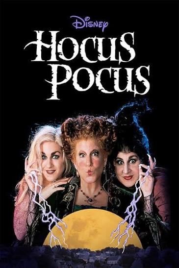 Movie artwork for Disney's Hocus Pocus, featuring the Sanderson Sisters&mdash;Winifred, Sarah, and Mary&mdash;casting a spell over a glowing full moon