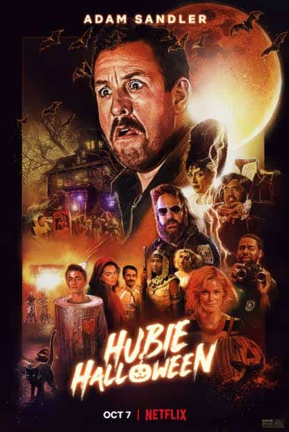 Adam Sandler with a shocked expression surrounded by a large ensemble cast in Halloween costumes under a giant orange moon for the comedy film Hubie Halloween