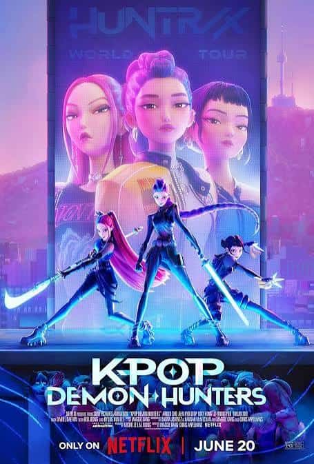 Netflix promo image for K-Pop: Demon Hunters showing three animated pop star warriors wielding glowing blue blades against a purple neon cityscape