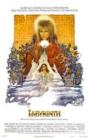 Movie artwork for Labyrinth, featuring David Bowie as Jareth the Goblin King holding a crystal ball above Jennifer Connelly as Sarah in a ballgown, surrounded by fantasy creatures