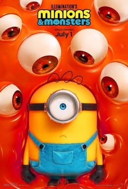 Minions & Monsters, featuring a one-eyed Minion looking worried as it is surrounded by a mass of large, staring orange monster eyes