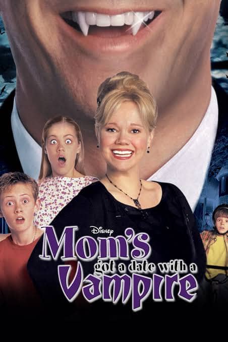 Promo image for Disney Channel's Mom's Got a Date with a Vampire, showing a smiling mother surrounded by her shocked children under a massive vampire grin