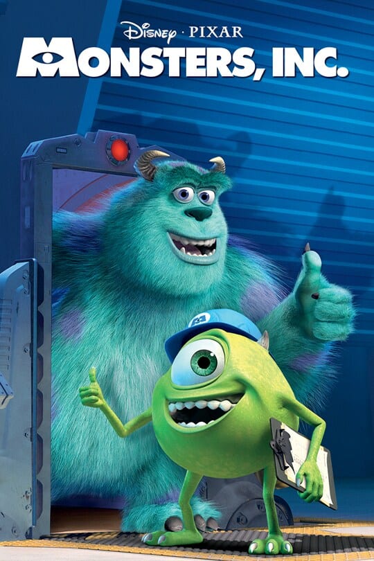 Movie poster for Disney Pixar's Monsters, Inc. featuring James P. 'Sulley' Sullivan and Mike Wazowski giving a thumbs up in front of a closet door.