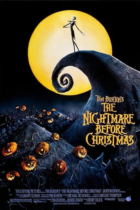 Official theatrical movie poster for Tim Burton's The Nightmare Before Christmas, featuring Jack Skellington silhouetted against a giant full moon