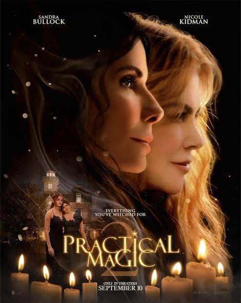 The Owens sisters side-by-side above a candlelit gothic estate for the supernatural sequel Practical Magic 2
