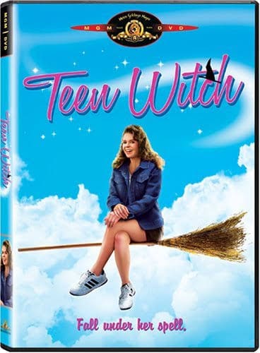 The main character Louise from Teen Witch riding a broomstick through the clouds on a classic DVD cover