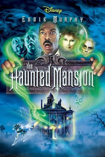 ddie Murphy looking terrified alongside ghostly characters over a spooky manor house for Disney's The Haunted Mansion family halloween movie