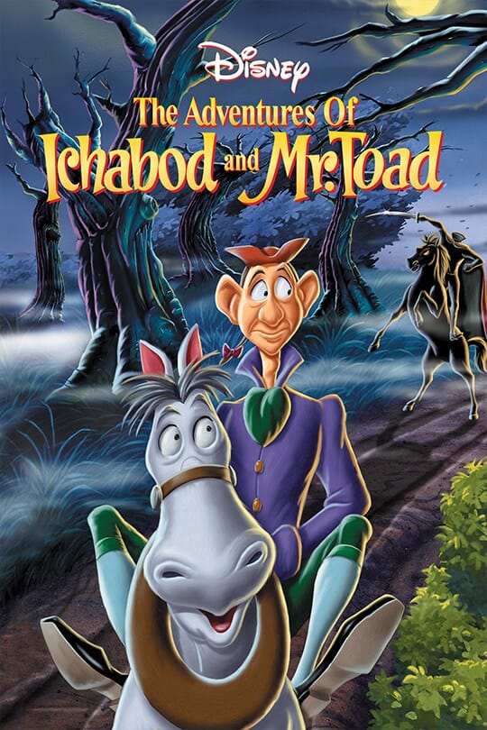 Movie poster for Disney's The Adventures of Ichabod and Mr. Toad, featuring Ichabod Crane riding a white horse in a spooky forest with the Headless Horseman behind them.