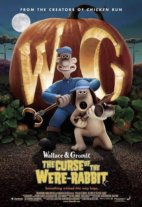 ovie poster for Wallace and Gromit: The Curse of the Were-Rabbit, featuring Wallace and Gromit holding gadgets in front of a giant carved pumpkin