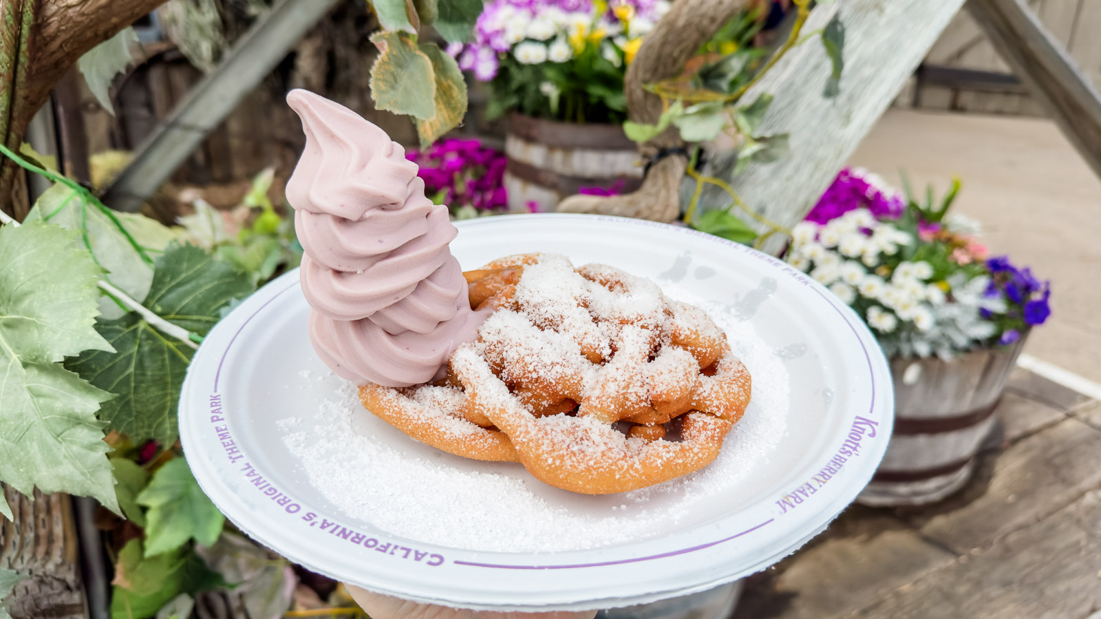 funnel cake and boysenberry ice cream at knotts berry farm
