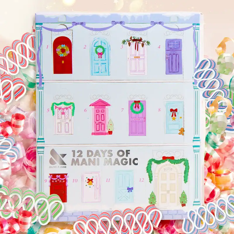 Colorful nail polish advent calendar with 12 doors and holiday decorations for teens.