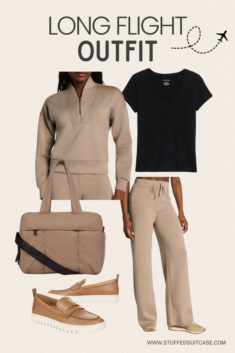 long flight outfit idea lounge comfy pants beige top bag and shoes