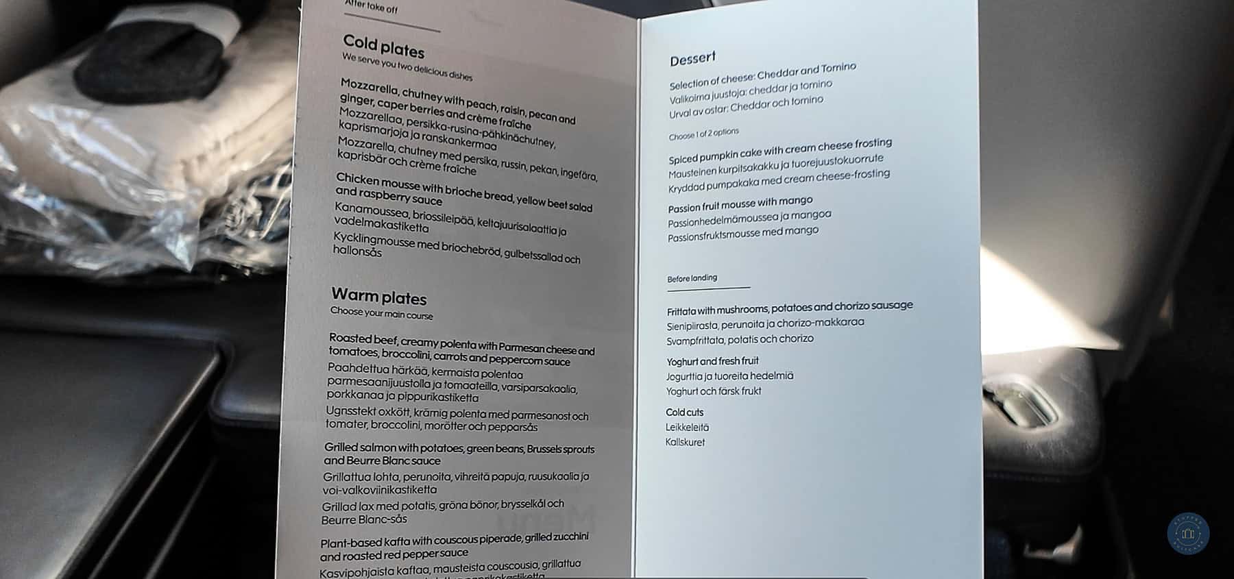 menu of meals for finnair business class flight from seattle to helsinki