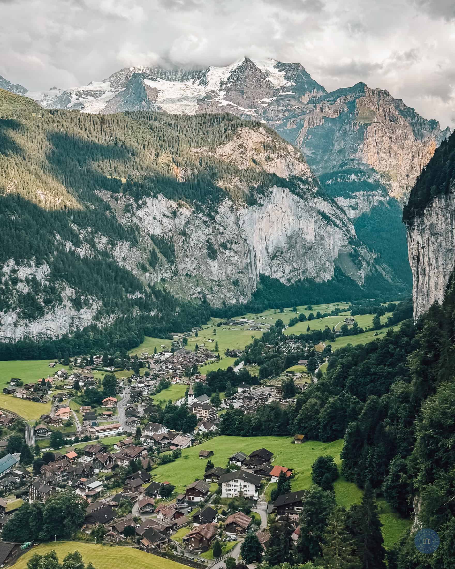view overlooking lauterbrunnen from Murren gondola cable car ride up mountain