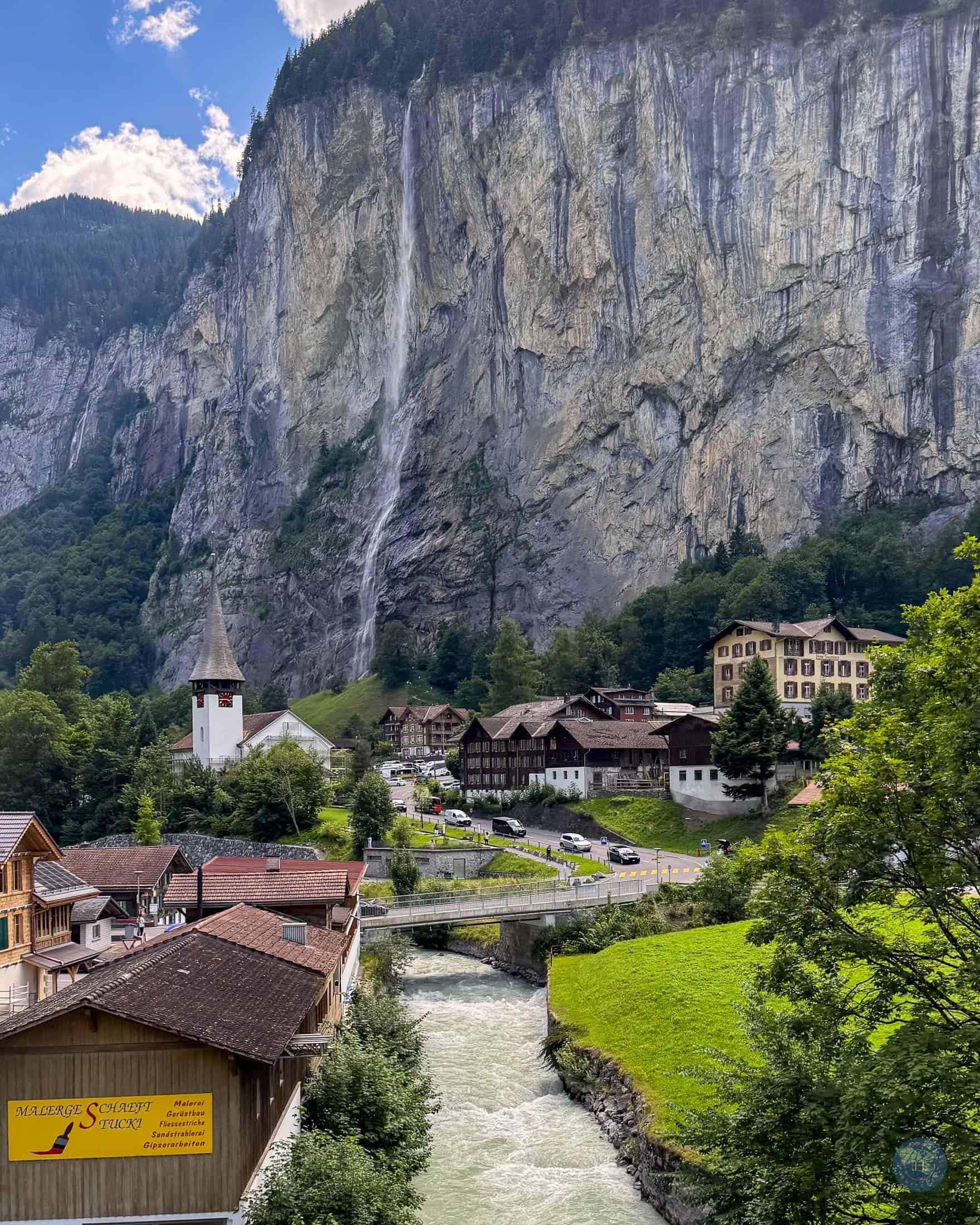 view of Lauterbrunnen Staubbachfall Waterfall
from train down from Wengen Switzerland