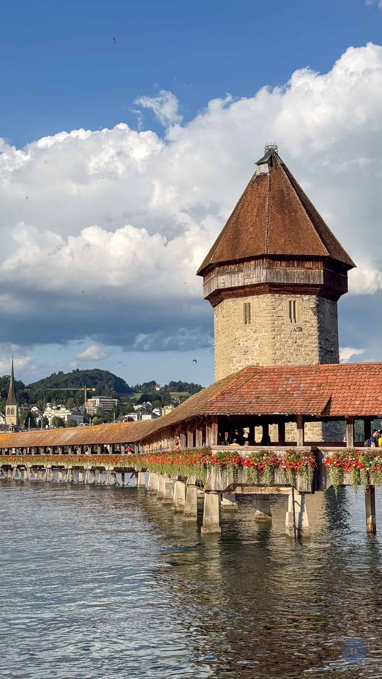 view of famous covered bridge in Lucerne Switzerland
