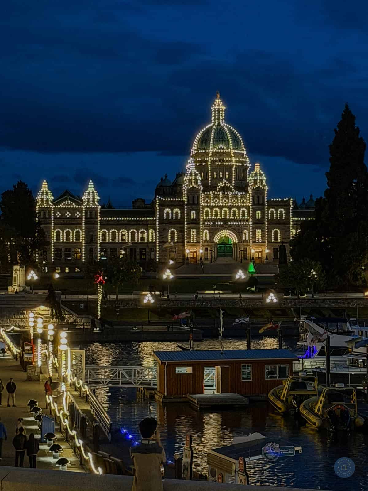 Night view of Victoria Parliament building illuminated on waterfront.