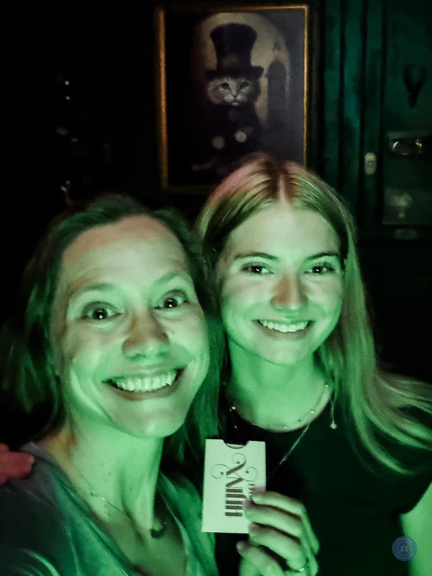 mother daughter at hijinx hotel game room in Irvine with a cat portrait in the background.